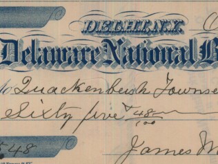 1885 Check from Delaware National Bank of Delhi