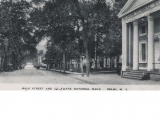 Black and White Photo of Delaware National Bank of Dlehi and Main Street