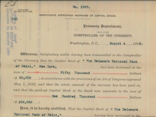 1908 Capital Stock Increase Document for The Delaware National Bank of Delhi